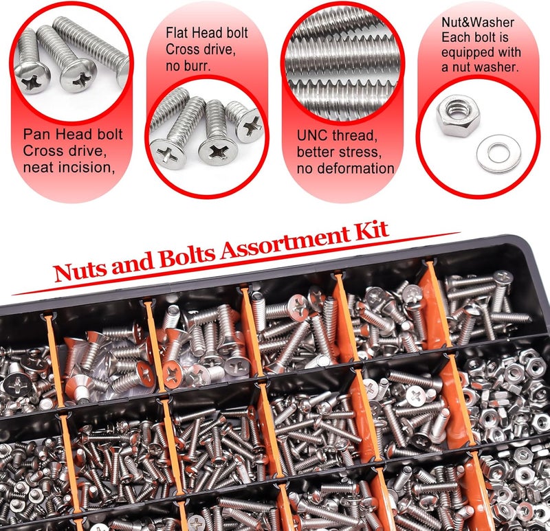 Twidec /1281PCS Nuts and Bolts Assortment Kit,Machine Screws,304 Stainless Steel Phillips Pan Head and Flat Head Screws #4-40#6-32#8-32#10-24#1/4-20 with Nuts, Bolts,Washers in the Storage Case - Image 4